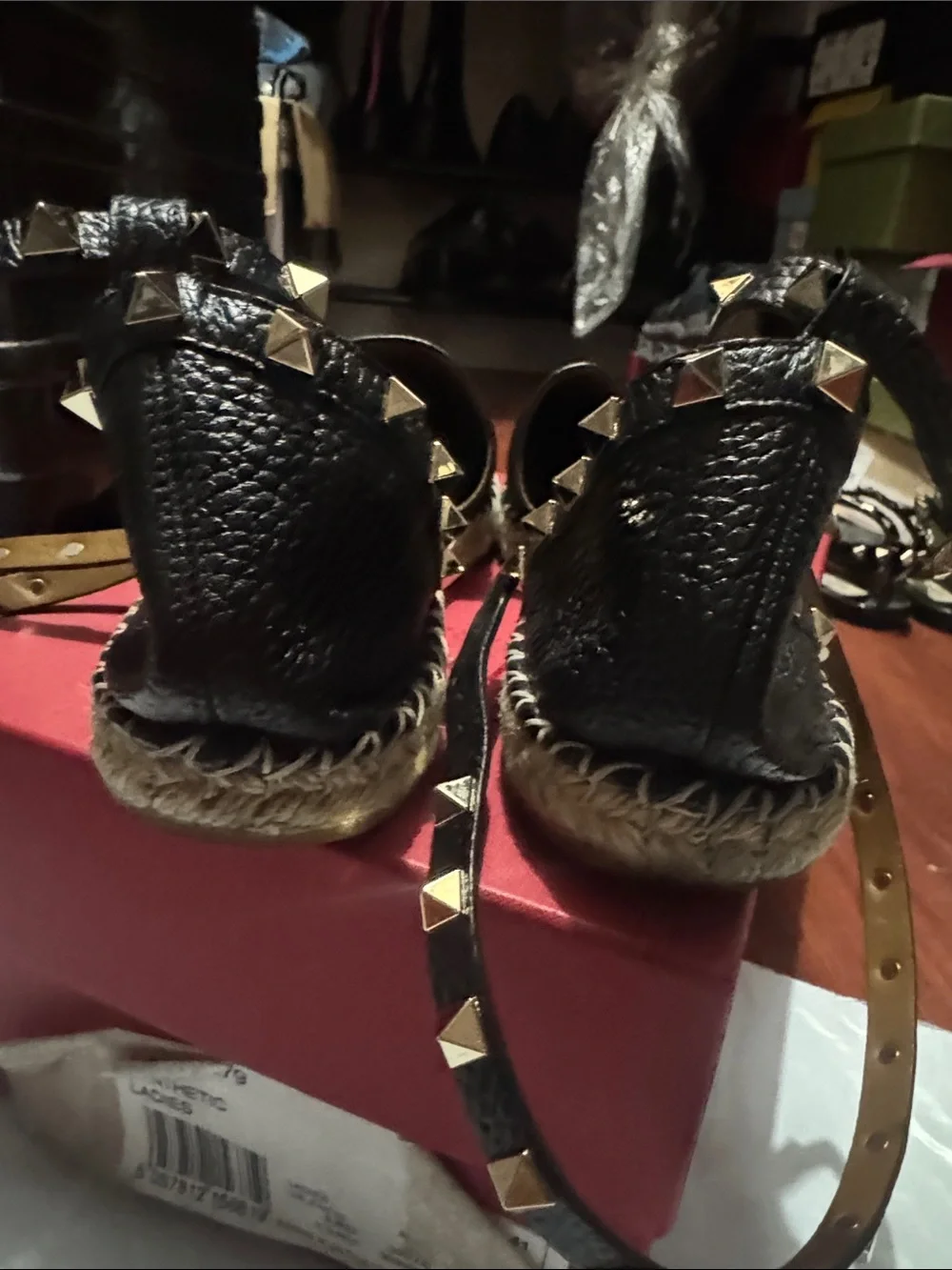 Valentino Garavani Black Leather Espadrilles with Gold Stud Ankle Wrap